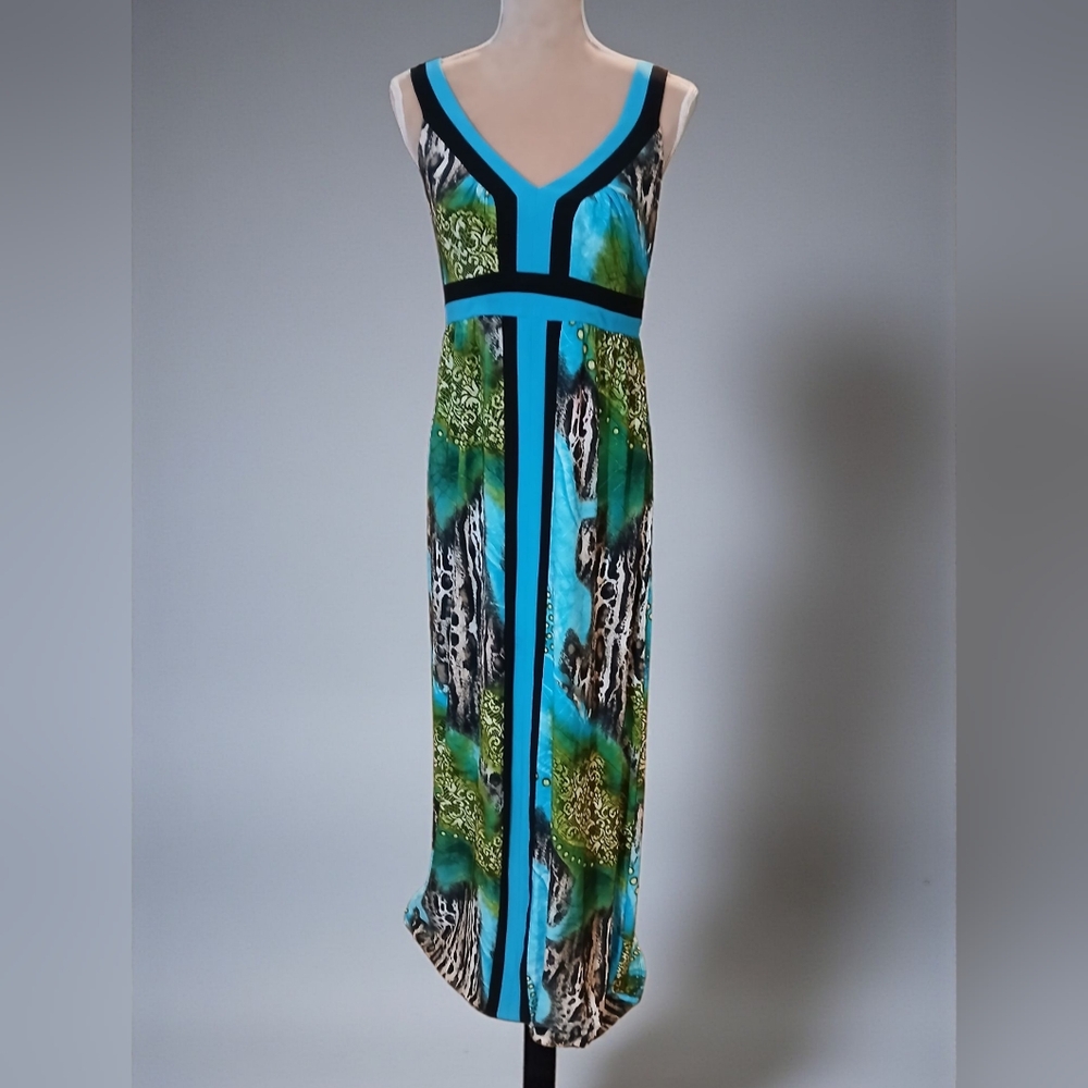 Frank Lyman Abstract Artsy Womans Maxi Dress 10 Stretch Empire Waist Watercolor